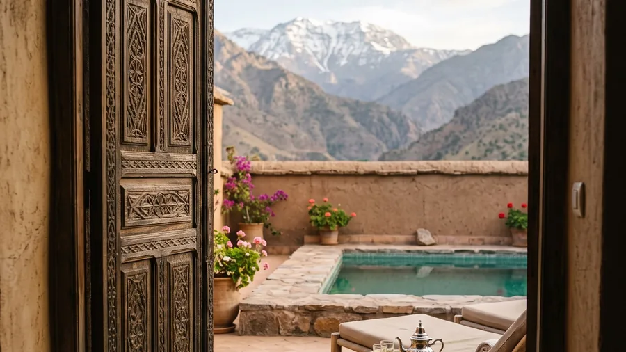 Symbolbild zu Kasbah Tamadot: Hügel-Kasbah eine Stunde von Marrakesch, Toubkal im Fenster, ein Dorf im Tal
